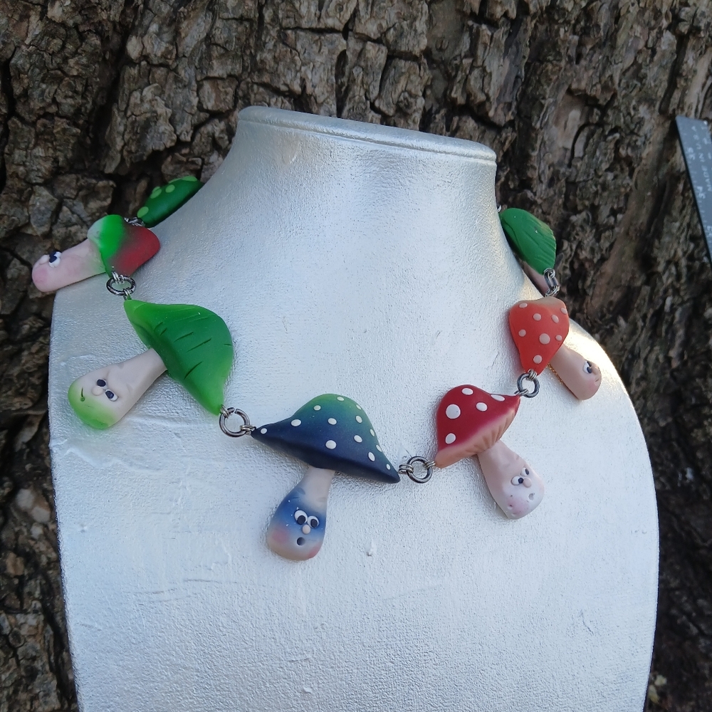 Whimsical Mushroom Necklace in Green, Blue & Red - Picture 2 of 8
